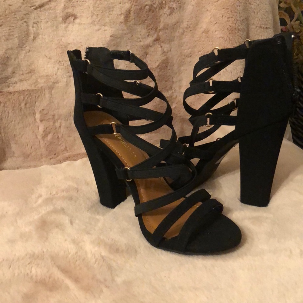 Strappy black suede 4 inch heel sandals